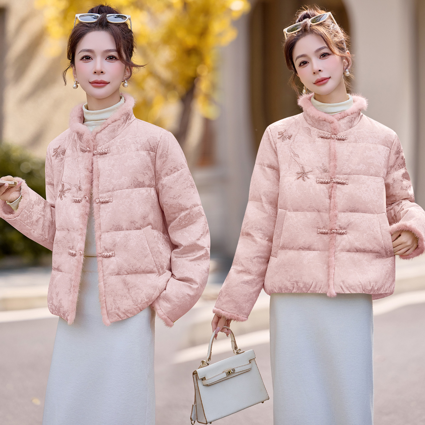2025冬季新款新中式水貂毛刺绣提花白鹅绒羽绒服女短款高级感外套