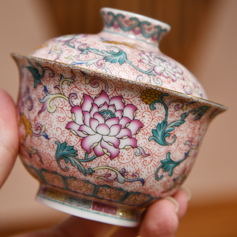 成艺珐琅莲韵悬停二才盖碗复古珐琅彩茶艺师盖碗粉色茶具高端送礼