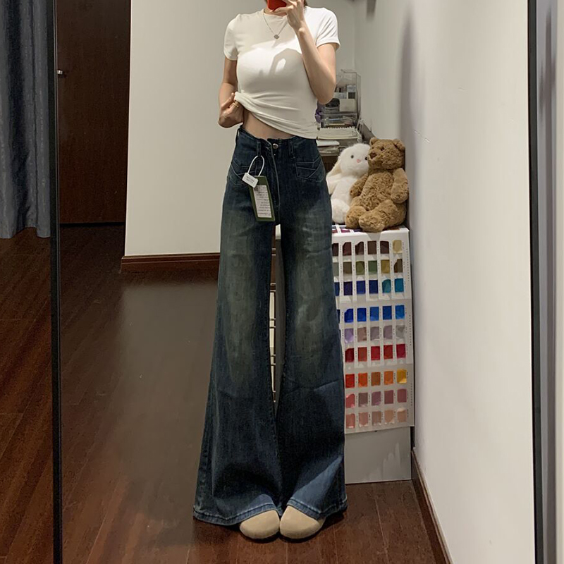 美式复古竹节纹微喇牛仔裤女秋季高腰宽松不贴腿梧桐拖地喇叭裤子