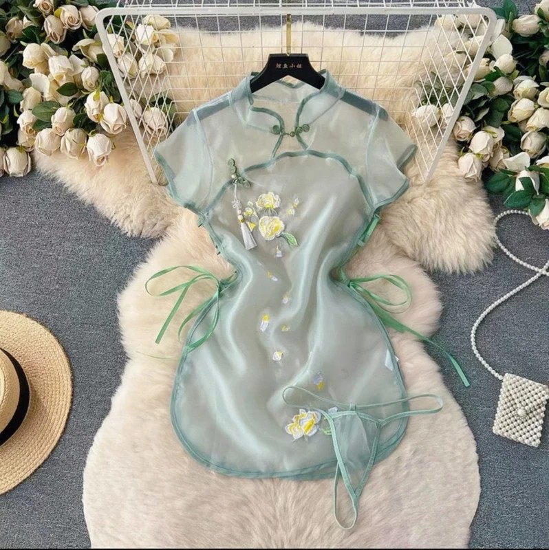 纯欲风内衣轻薄情调制服国风吊带女性风情睡衣纯欲高开叉蕾丝睡衣