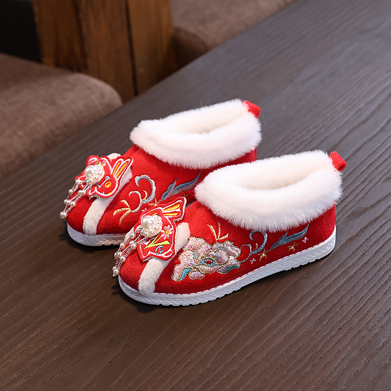 冬季加绒汉服鞋女童加厚古风拜年鞋儿童绣花鞋保暖棉鞋宝宝雪地鞋