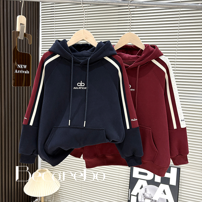 【极简风】儿童装男童冬装卫衣大童宽松加绒上衣男孩连帽红色打底衫