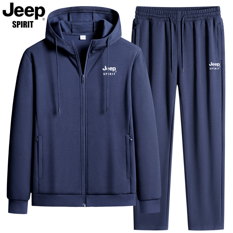 JEEP吉普男士连帽休闲运动套装春秋季立领开衫中老年大码两件套男