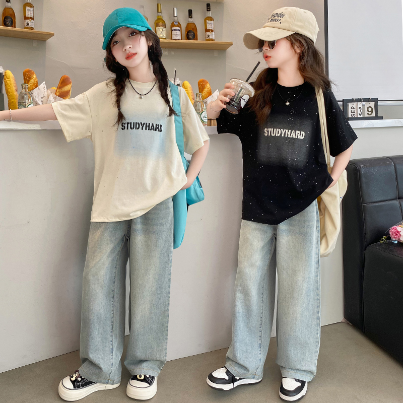 女童夏季套装2025新款洋气时髦女大童阔腿短袖儿童薄款牛仔裤休闲