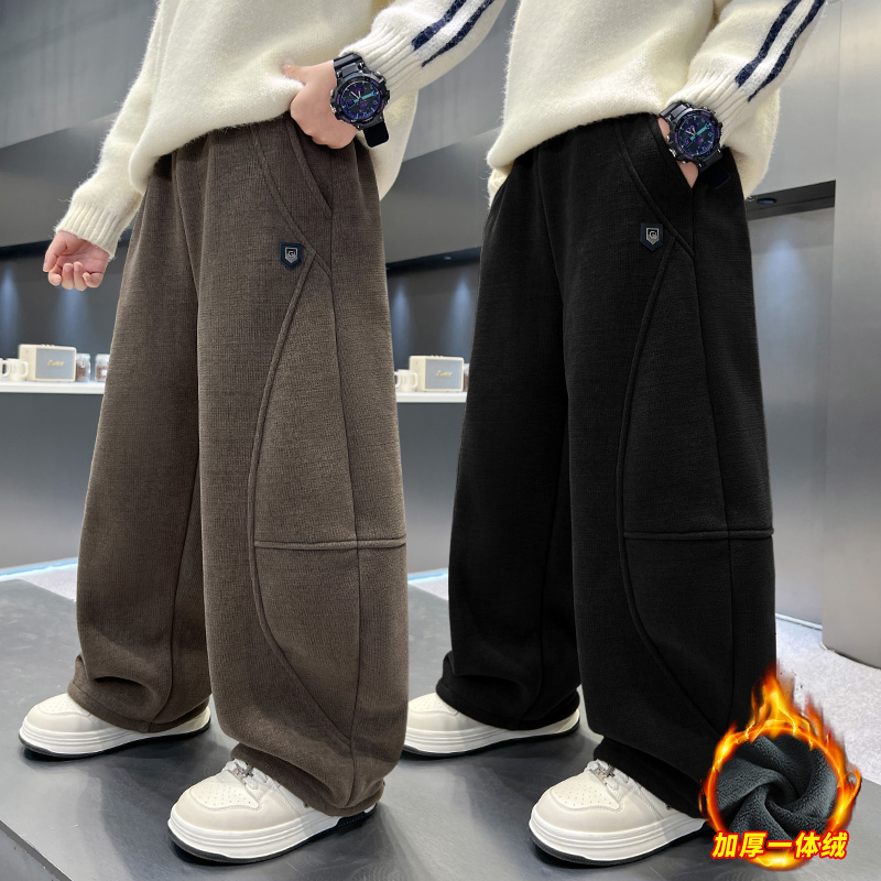 男童加绒裤子8-15岁中大童男孩弯刀裤宽松儿童冬季长裤一体绒加厚