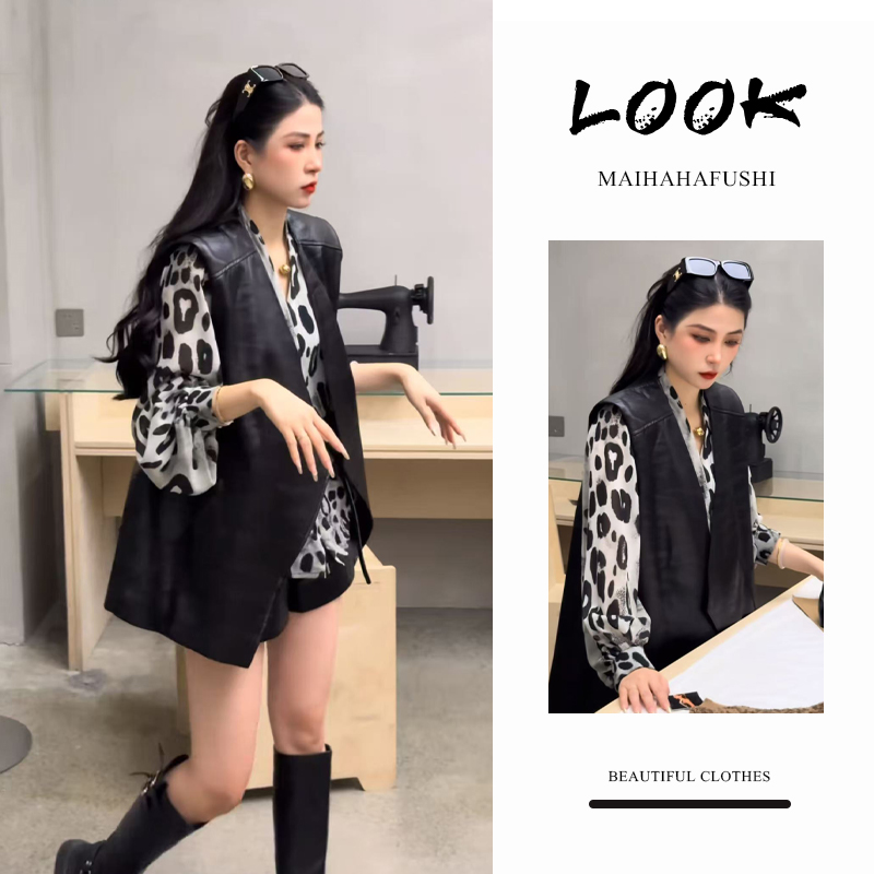 秋季时尚一整套女2025新款气质港风复古马甲背心豹纹衬衫短裤套装