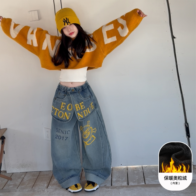 女童韩系辣妹加绒牛仔裤套装秋冬季2025新款中大童毛衣加厚阔腿裤