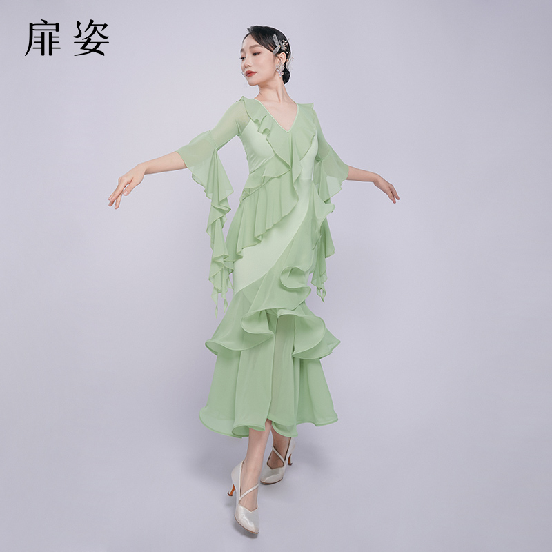 扉姿 摩登舞连衣裙专业国标舞交谊舞裙新款洋气跳舞练功裙子F3052