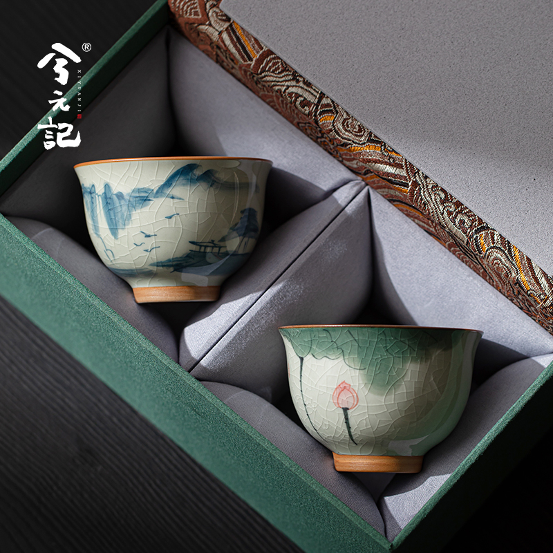 哥窑手绘主人杯陶瓷茶杯高颜值情侣对杯釉下彩品茗杯中式新年礼物