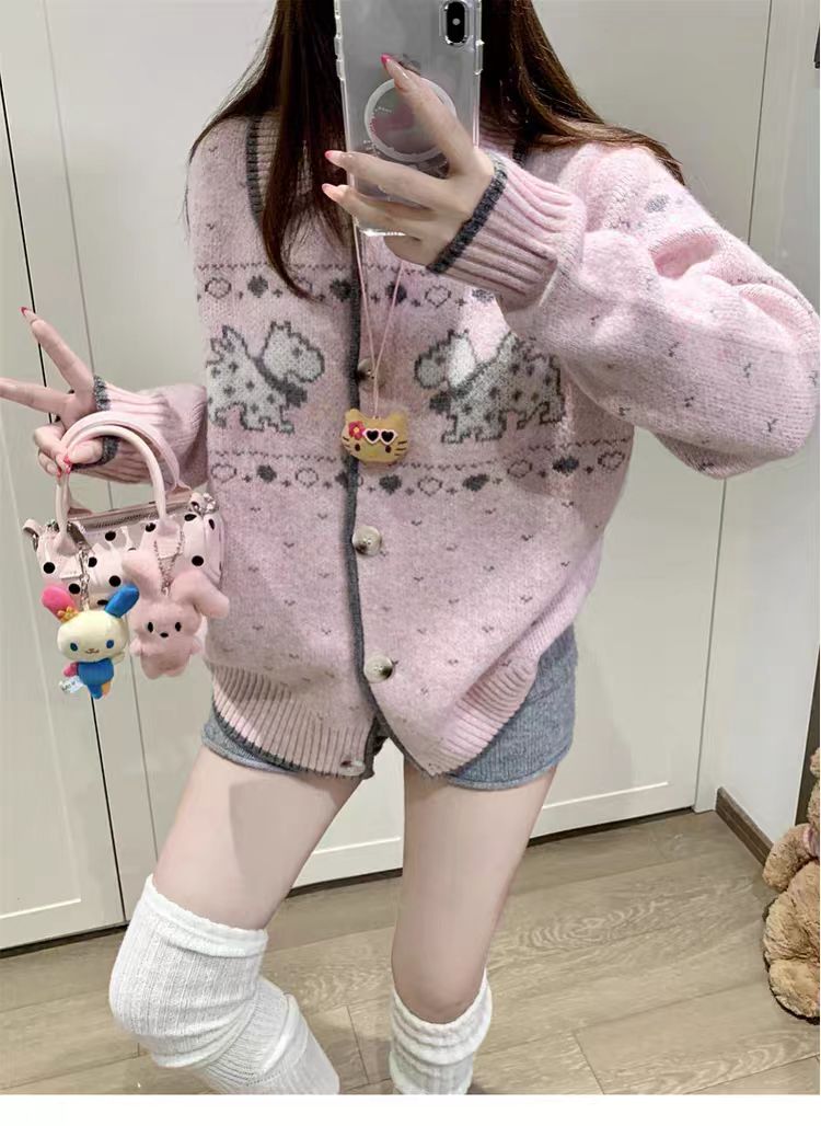 2025秋冬新款费尔岛花纱小狗提花圆领毛衣宽松休闲时尚穿搭外套