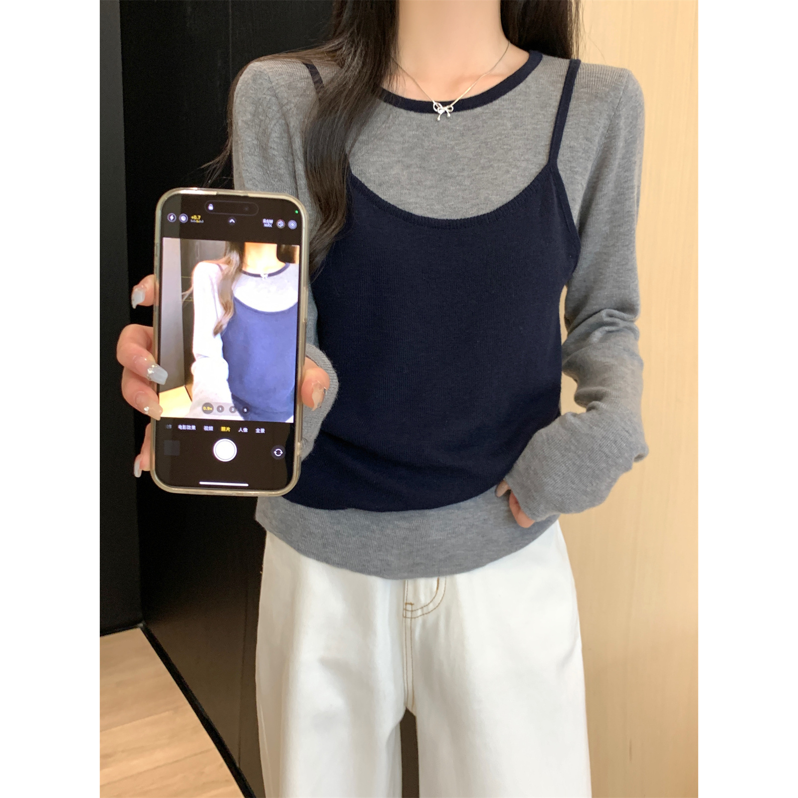 梦优莱韩版撞色减龄假两件针织衫T恤女早秋新款打底内搭长袖上衣