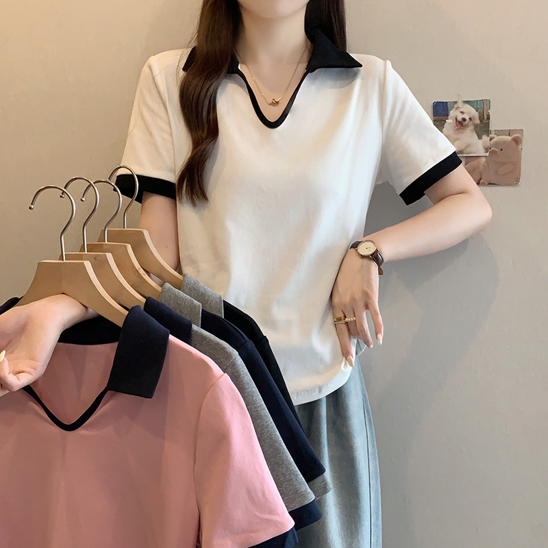 2025夏装新款胖mm大码女设计感撞色v领弧形正肩短袖T恤