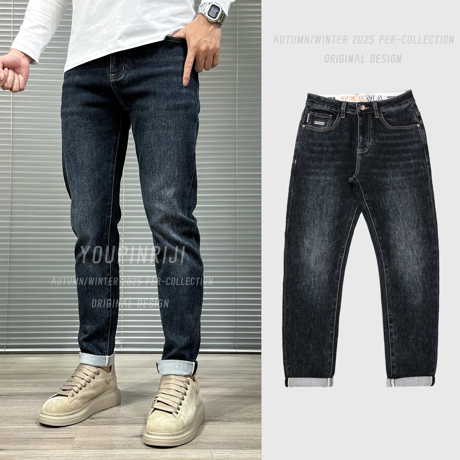 新款美式小直筒弹力牛仔裤复古蓝怀旧紧修身型男爆休闲潮流18