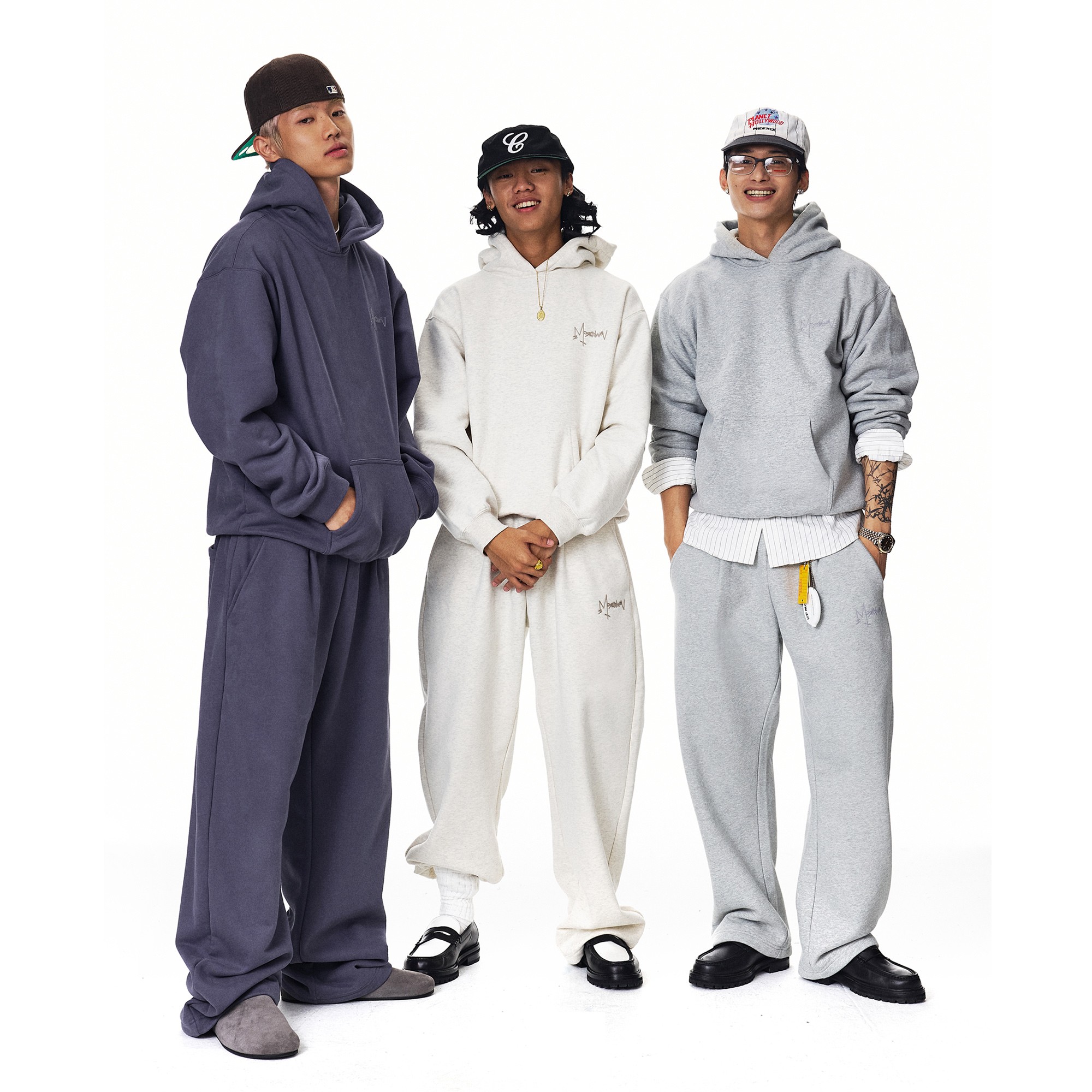 MOONWAV花体刺绣cleanfit冬季潮牌连帽加厚卫衣+弯刀休闲卫裤套装