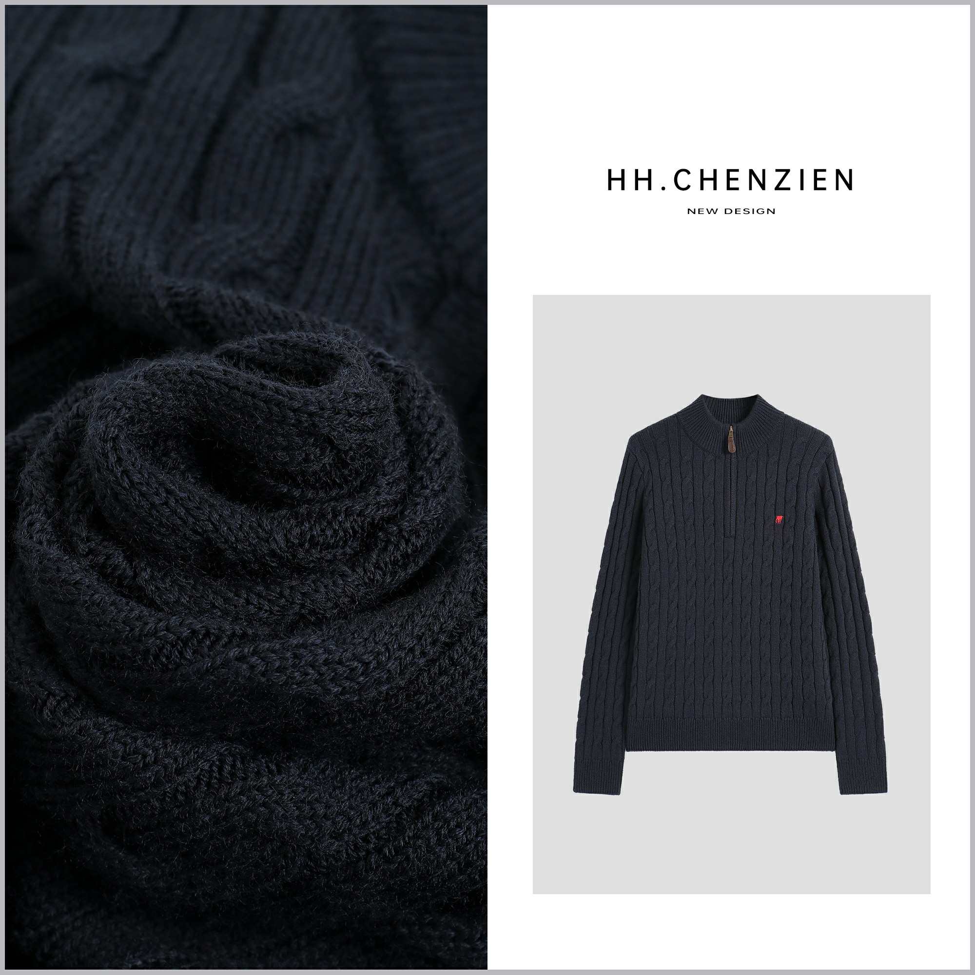 【黑黑家】冬季新款女款半高领半拉链绞花编织小标设计针织衫上衣