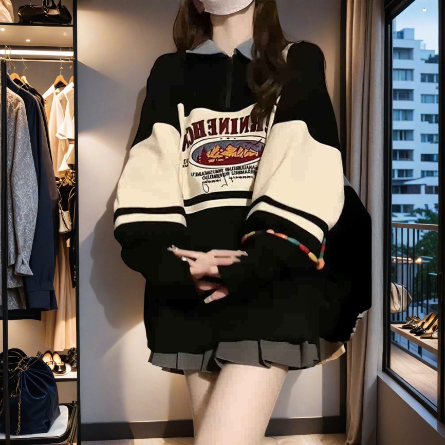 加绒加厚复古港味polo领卫衣女秋冬季甜酷减龄oversize慵懒风上衣