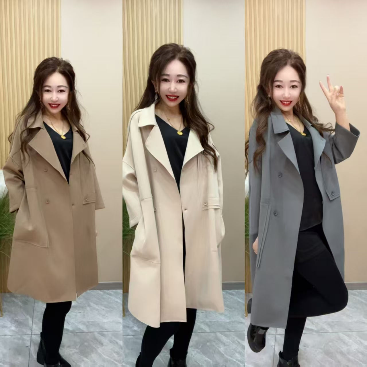 3115款两侧有兜宽松时尚风衣秋冬中长款英伦风休闲外套