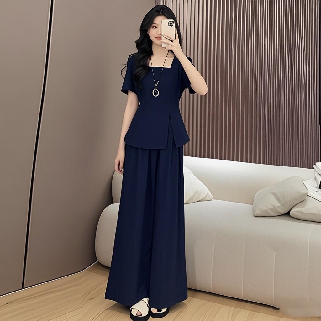 大码女装胖mm夏季洋气套装藏蓝修身显瘦短袖收腰上衣阔腿裤两件套