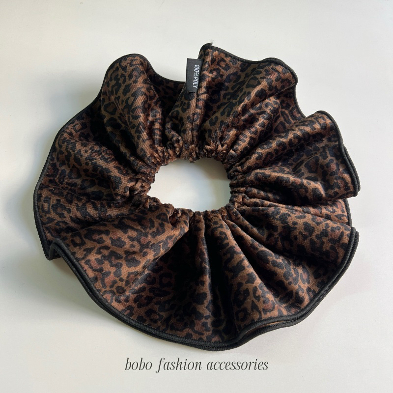 加大号双层麂皮绒豹纹大肠发圈女韩系侧低马尾发绳扎头发皮筋头花