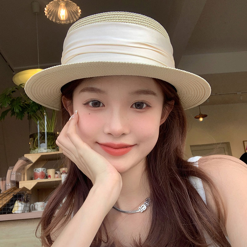 草帽女平檐遮阳帽女款时尚防晒帽草编平顶太阳帽子