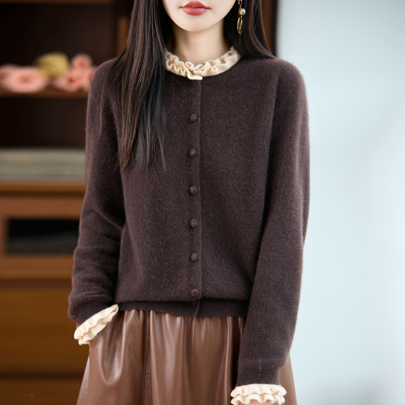 pingedixin/品哥弟新款100%山羊绒花边领针织开衫女冬季保暖上衣