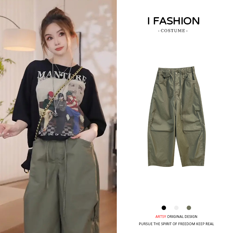 休闲减龄套装女2026年夏季新款宽松卡通印花短袖弯刀阔腿裤两件套