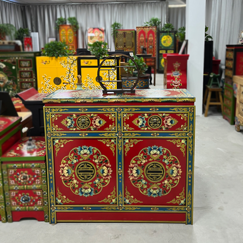 《蓝红二屉二门玄关》藏式特色民族风储物柜手绘摆件柜100*35*90