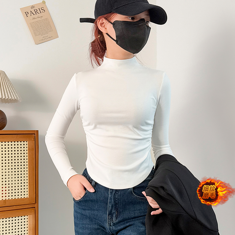 秋冬磨毛加绒加厚保暖半高领长袖内搭T恤打底衫女显瘦百搭修身T恤