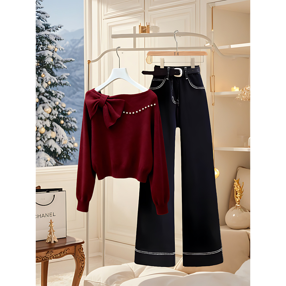 秋冬穿搭一整套爆款女高端气质红色内搭针织衫毛衣深色直筒牛仔裤