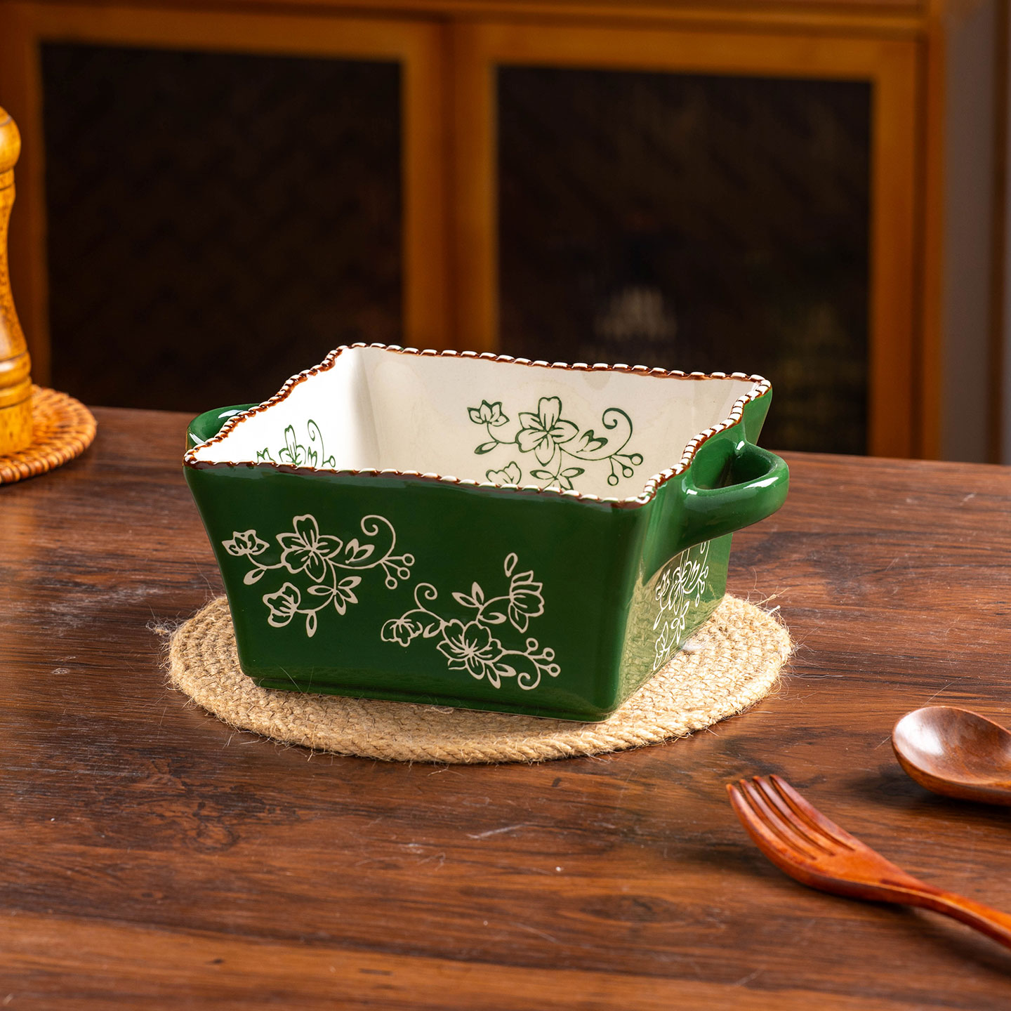 绿青藤花边珠点双耳四方汤菜碗家用陶瓷方形汤碗水果沙拉烘焙烤碗