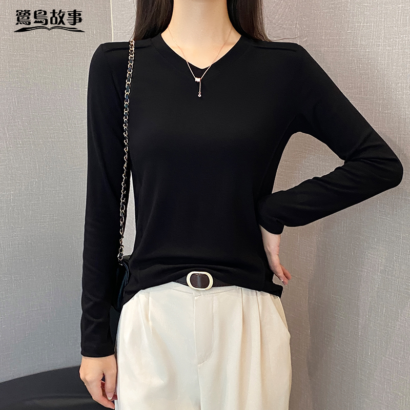 鹭岛故事黑色V领鱼骨长袖t恤女春秋正肩修身内搭打底衫显瘦上衣潮