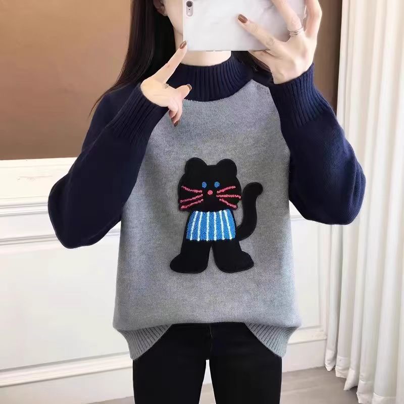 半高领加厚保暖毛衣少女秋冬季内搭高中学生女猫咪大童打底针织衫