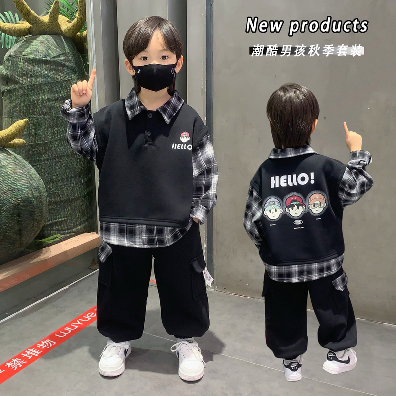 男童秋装套装儿童时髦假两件拼接卫衣小男孩春秋季运动帅气两件套
