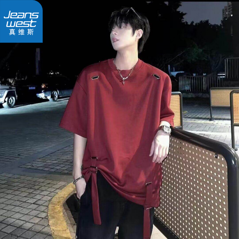 真维斯美式高街宽松短袖男t恤夏季圆领绑带重磅T恤男工装机能半袖