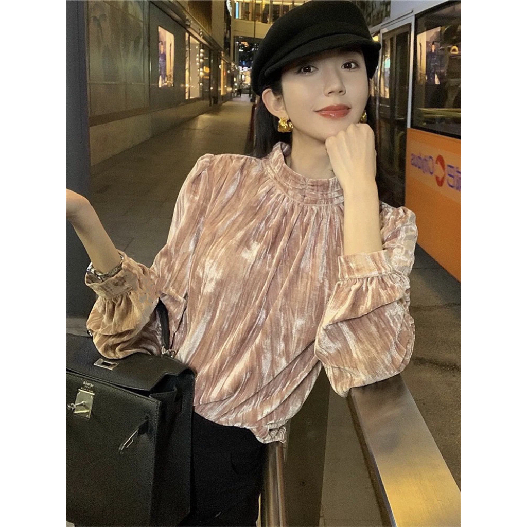 【383】高级感法式金丝绒衬衫长袖新款设计感洋气立领上衣打底衫女