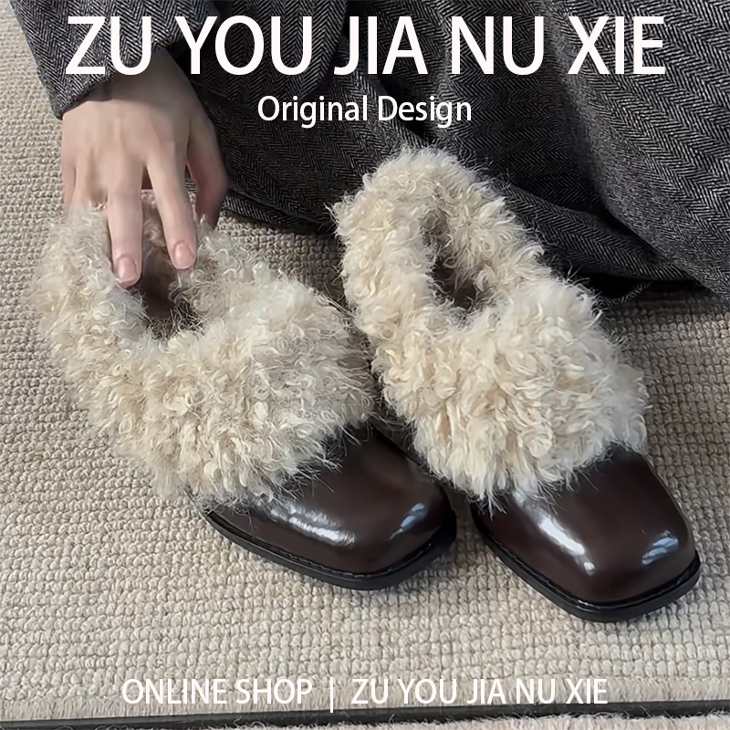 方头毛毛鞋女冬外穿加绒小皮鞋女英伦风粗跟单鞋大码女鞋41到43秋