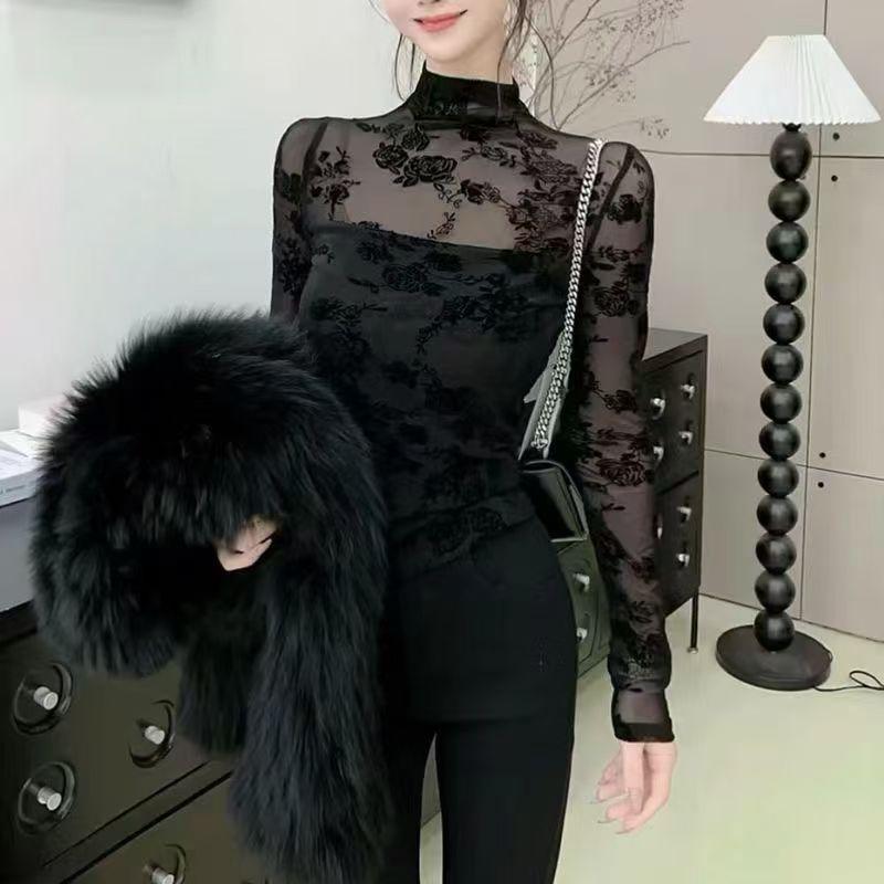 欧货半高领2025春夏蕾丝内搭性感微透加绒长袖网纱打底衫洋气上衣