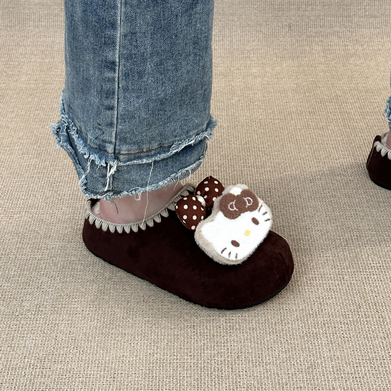 时尚复古绒面可爱卡通猫咪包头百搭保暖拖鞋女2025冬季新包头拖鞋
