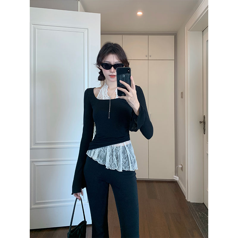 微胖mm假两件蕾丝修身显瘦长袖T恤女2025秋季新款纯欲风辣妹上衣