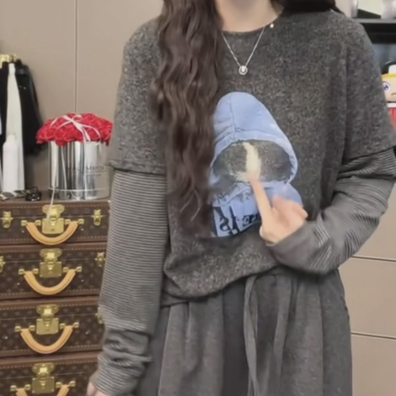 INS风修身型常规长袖印花圆领T恤韩版拼接休闲网红5269-1