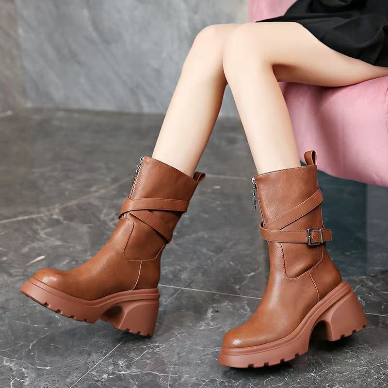 （退货补运费）秋季厚底短靴新款美拉德时搭气质粗跟厚底瘦瘦靴