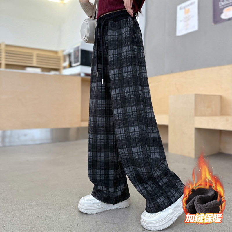 女童裤子秋冬款2025新款儿童休闲裤冬装运动裤女孩格子加绒直筒裤