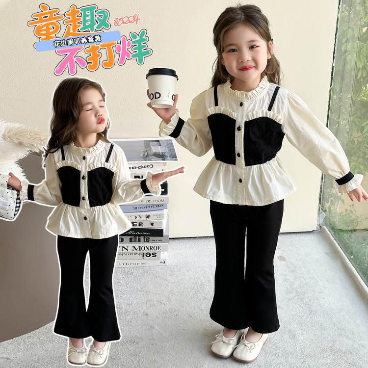 [小香风]女童套装2025秋装新款洋气儿童假两件衬衫喇叭裤两件套