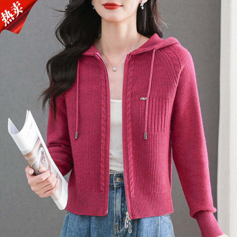 【原版正品】羊毛衫女连帽针织开衫女春秋新款时尚双拉链厚毛衣外套