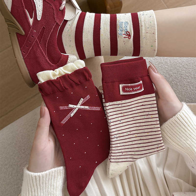 新年红袜子甜美波点蝴蝶结装饰中筒袜本命年喜庆结婚潮流红色袜子