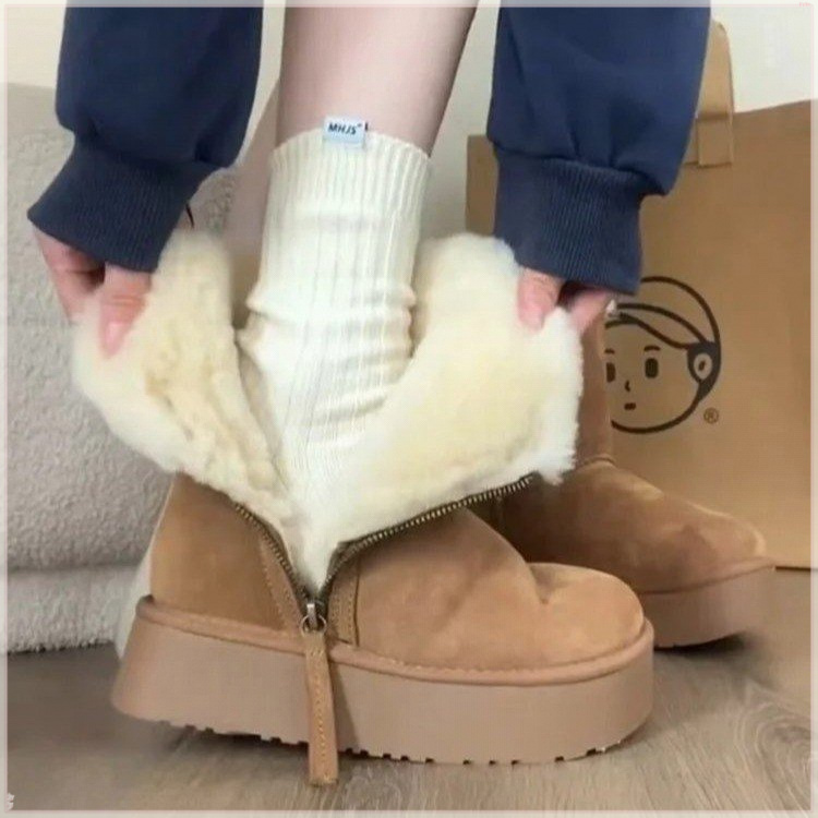 新款保暖皮毛一体短筒厚底雪地靴女侧拉链东北加绒加厚棉靴子