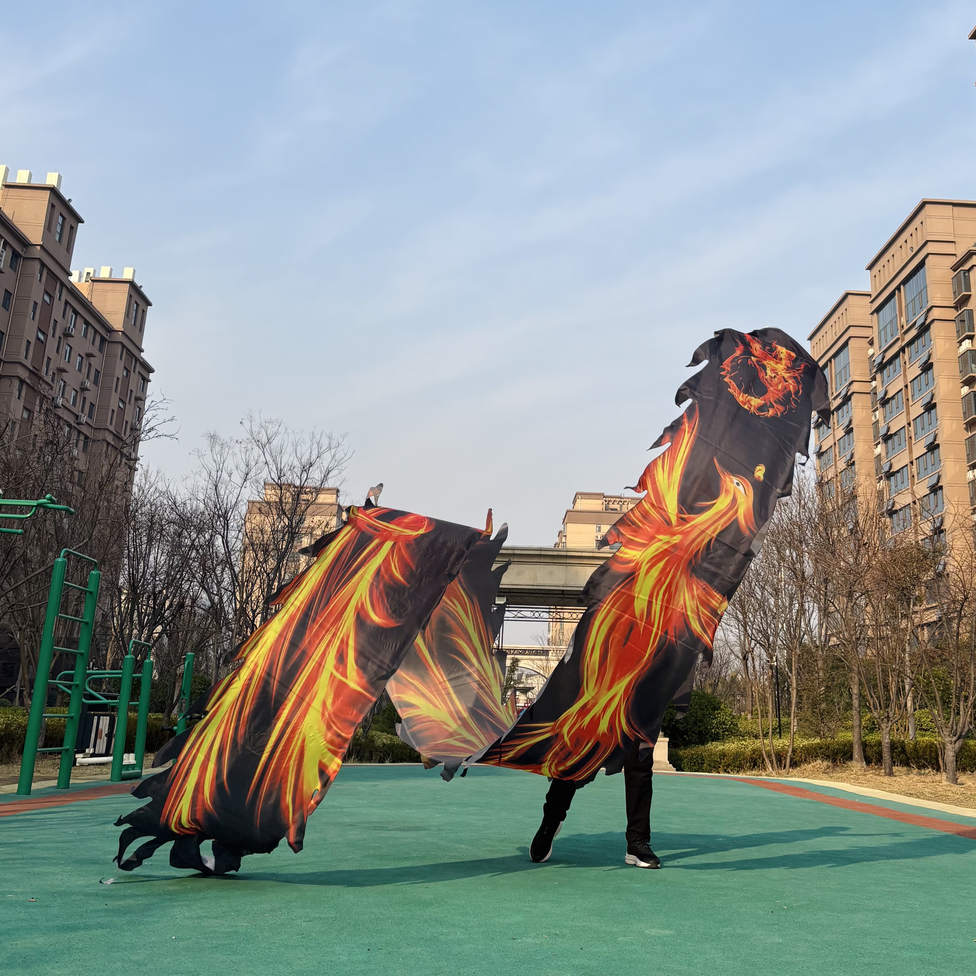 国腾新款大凤凰腾龙舞龙健身龙彩带龙不锈钢钢架镂空水洗彩带套装