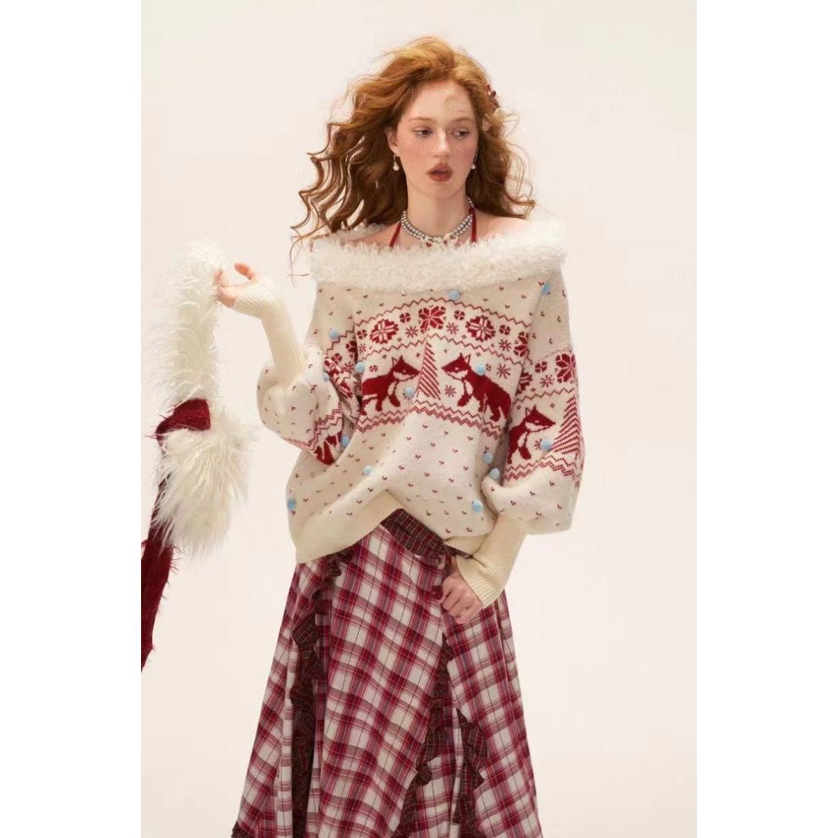 狐狸费尔岛大v领毛衣针织衫女2025新款宽松慵懒风设计感外套