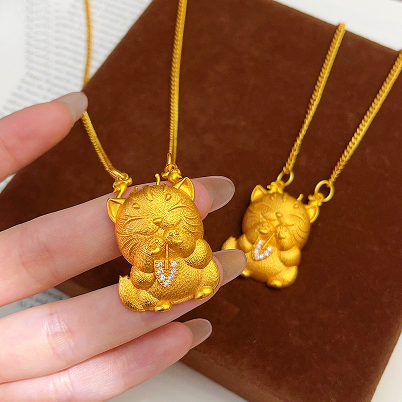 铜合金项链 金店同款点钻金铲铲猫咪吊坠项链拉丝立体猫双钩链DIY