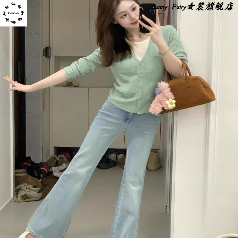 开春韩系穿搭绿色v领短款开衫外套女春秋季小个子毛衣针织衫上衣